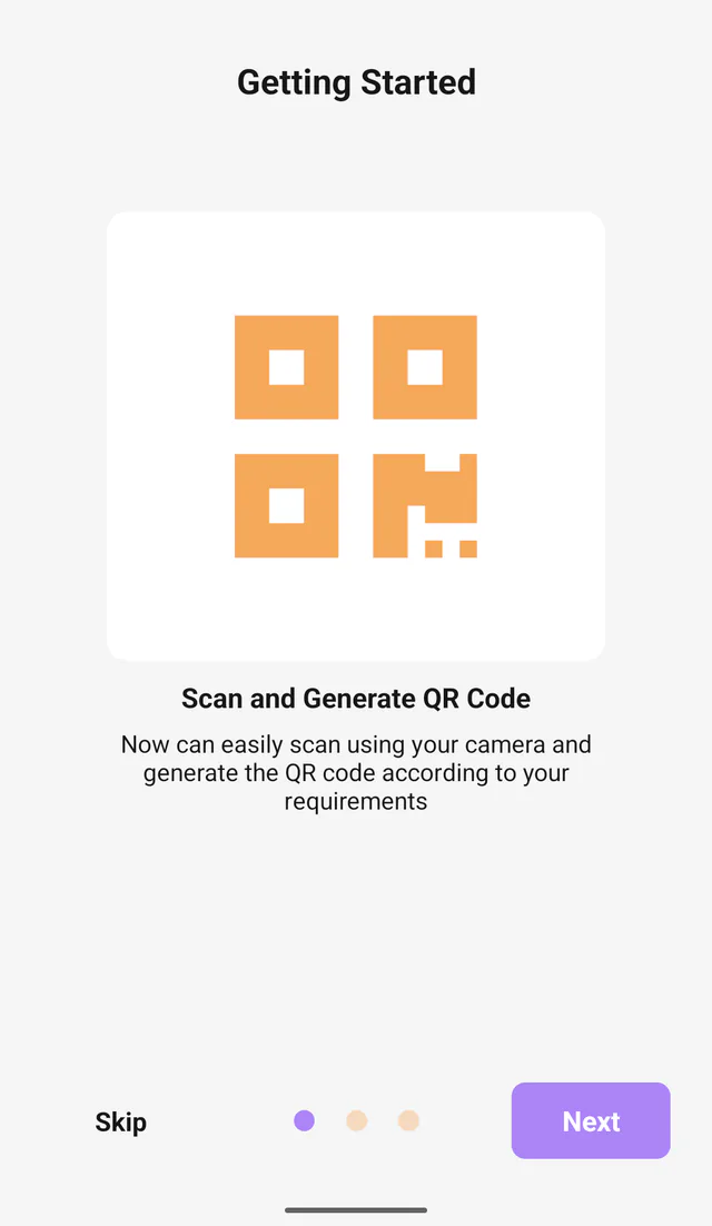 QR Code All In One Android screenshot: Scan and create. Introduction to scanning codes and generating QR codes.