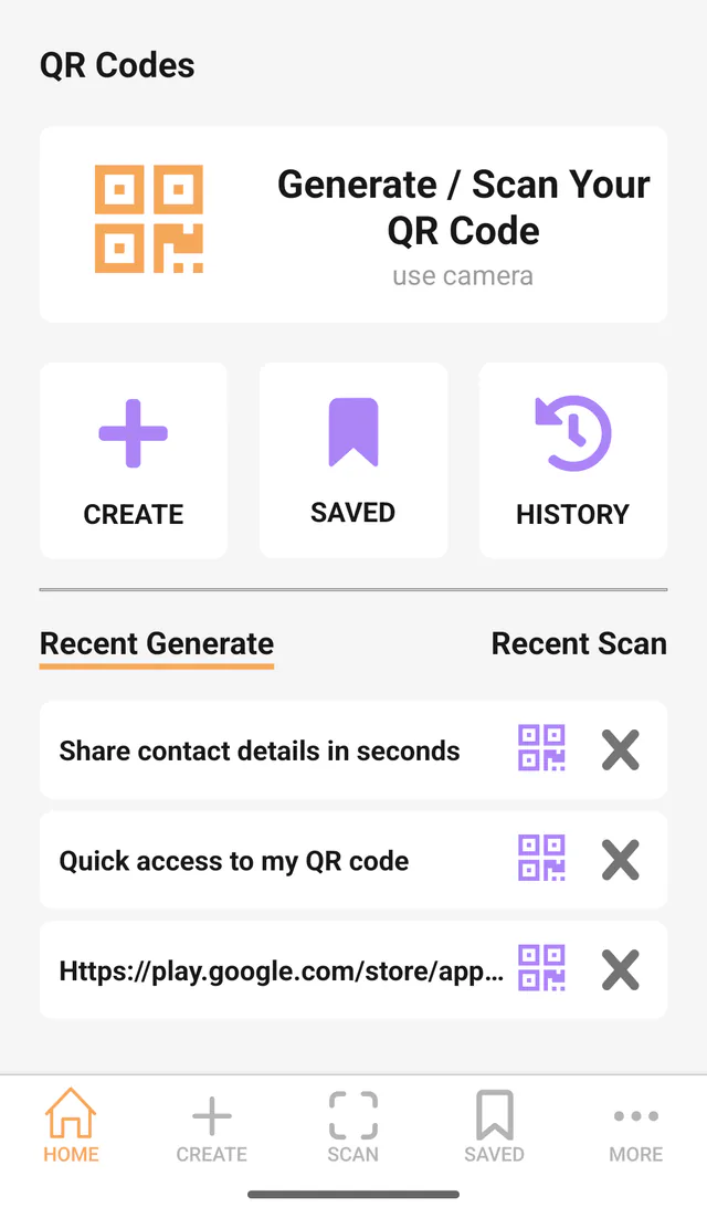 QR Code All In One Android screenshot: Home. Main dashboard for scanning, creating and opening saved tools.