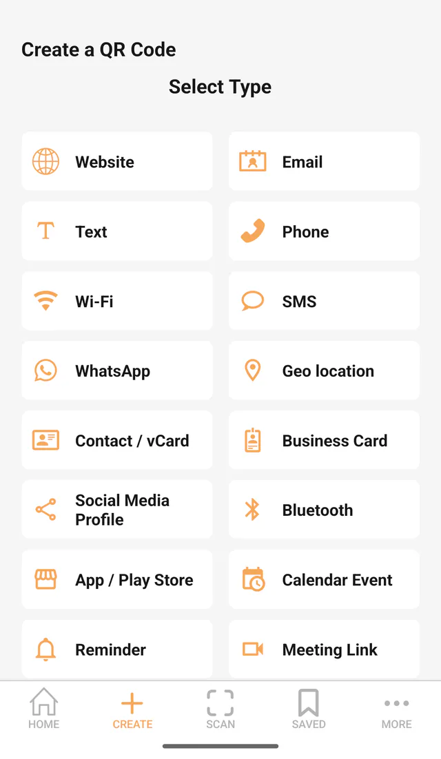 QR Code All In One Android screenshot: Create a QR code. Choose a supported format and enter the information you want to share.