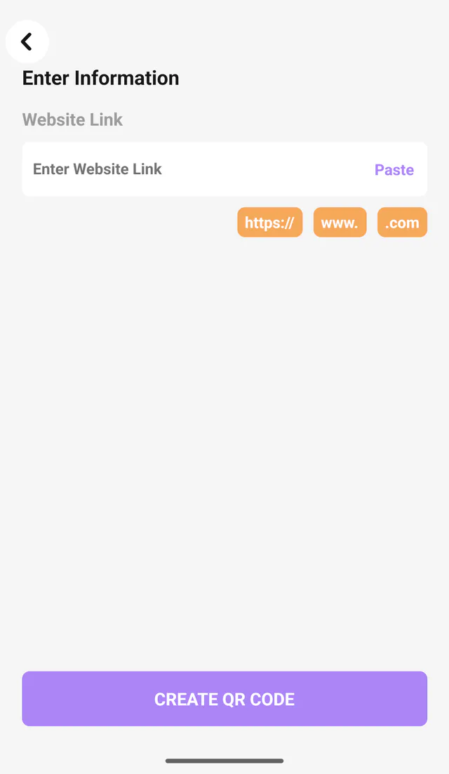 QR Code All In One Android screenshot: Website details. Enter website information before generating a QR code.