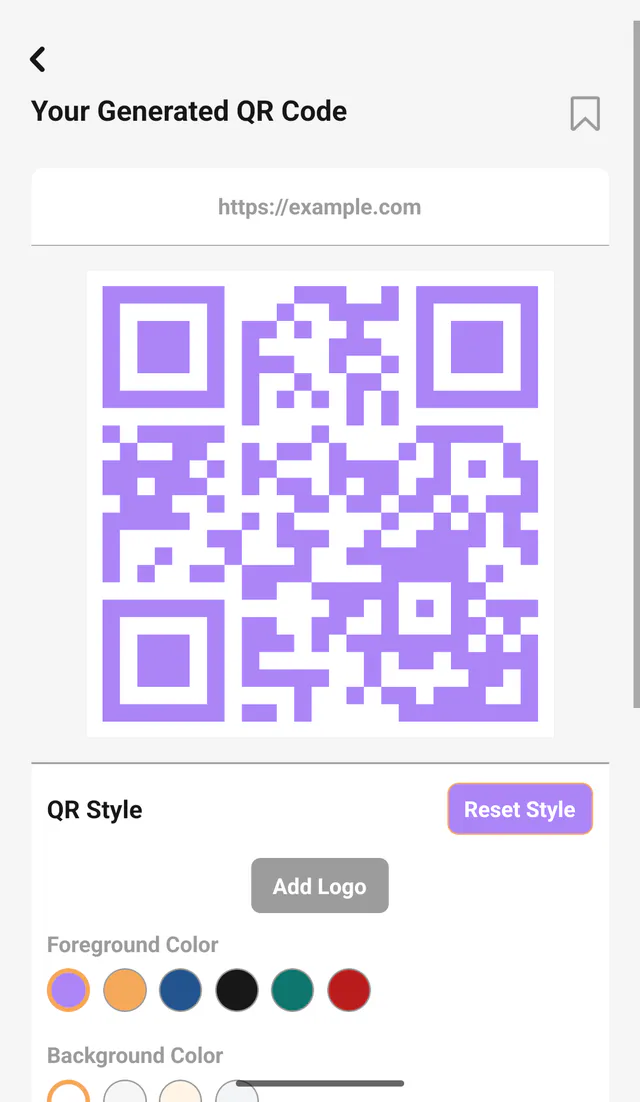 QR Code All In One Android screenshot: Customize the result. Adjust colors, shape, size and an optional center logo before export.