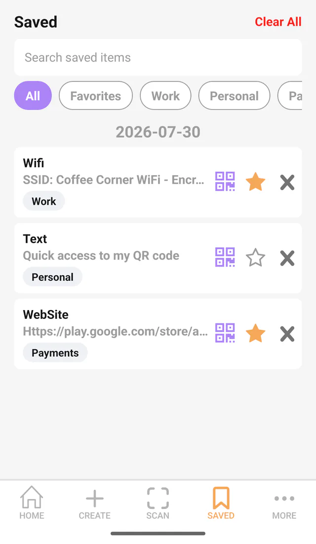 QR Code All In One Android screenshot: Saved codes. Saved items with Favorites, tags, search and filters.