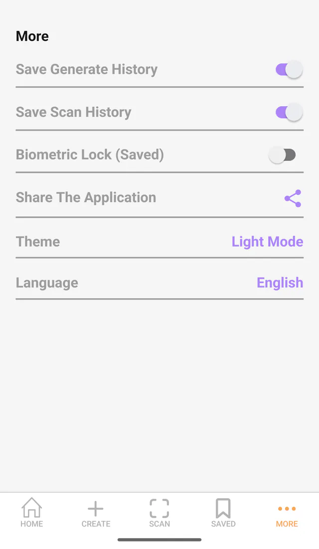 QR Code All In One Android screenshot: More and settings. History, biometric, language and theme preferences.