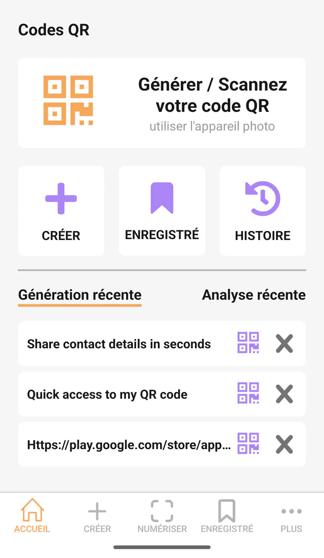 Capture Android de QR Code All In One: Accueil. Tableau de bord pour scanner, créer et ouvrir les outils.