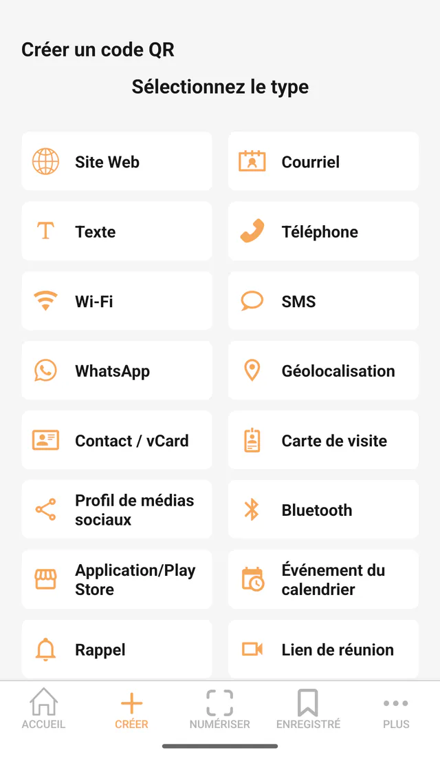 Capture Android de QR Code All In One: Créez un code QR. Choisissez un format pris en charge et saisissez les informations à partager.