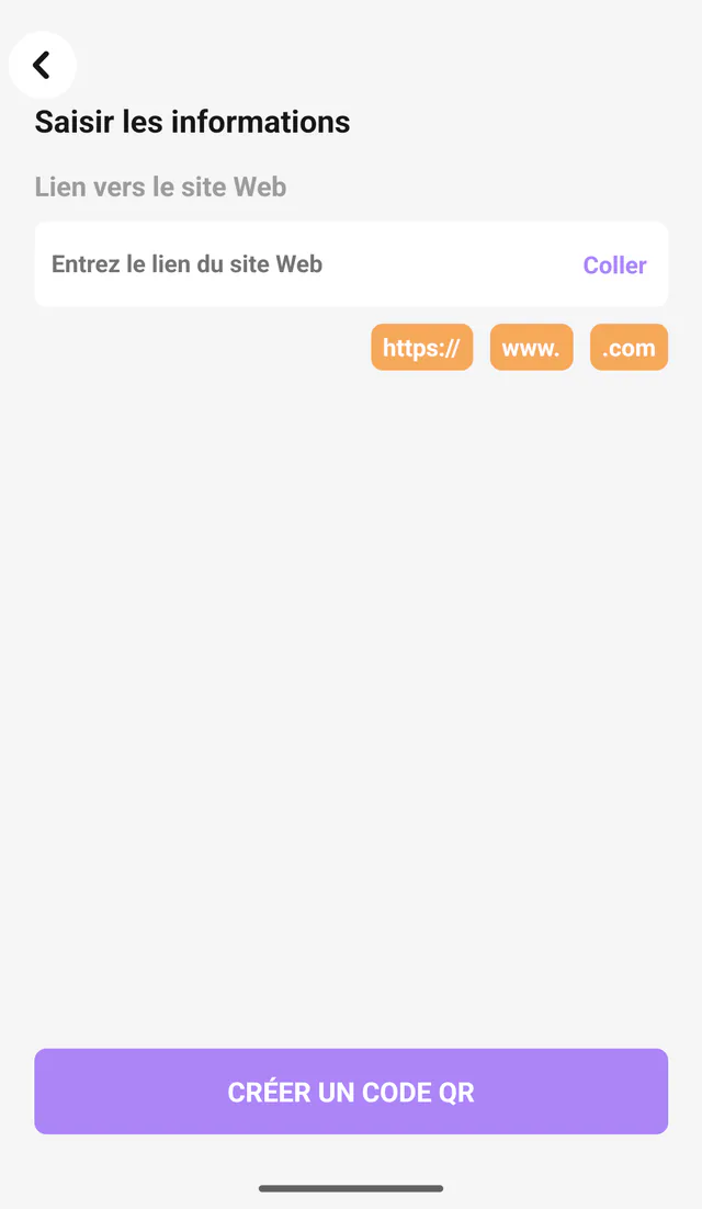 Capture Android de QR Code All In One: Détails du site. Saisissez l’adresse avant de générer le QR.