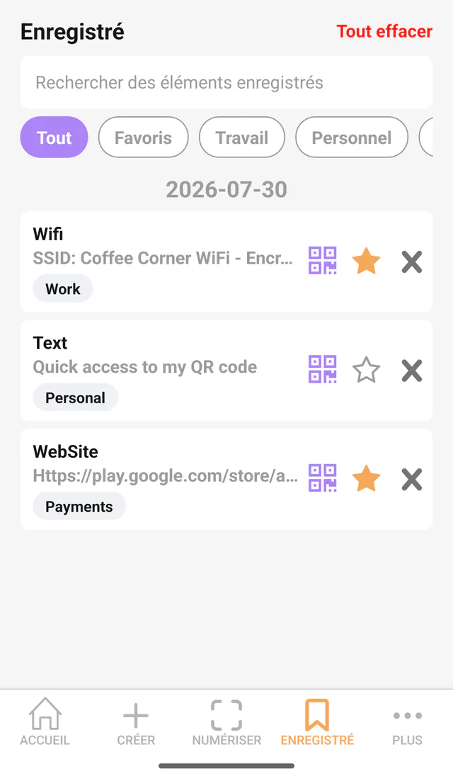 Capture Android de QR Code All In One: Codes enregistrés. Éléments enregistrés avec Favoris, étiquettes et recherche.