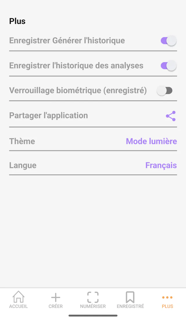 Capture Android de QR Code All In One: Plus et réglages. Préférences d’historique, biométrie, langue et thème.