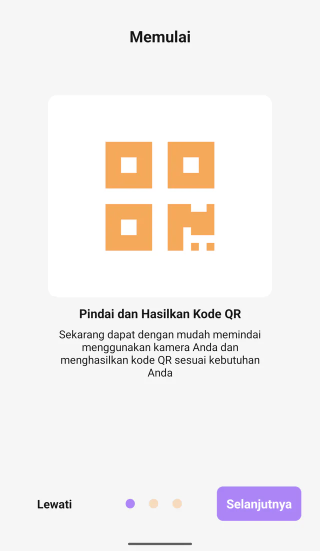 Tangkapan layar QR Code All In One di Android: Pindai dan buat. Pengenalan pemindaian dan pembuatan QR.