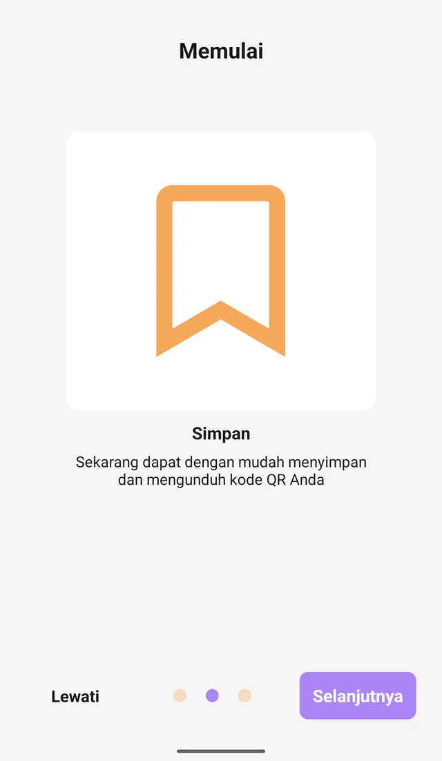 Tangkapan layar QR Code All In One di Android: Simpan kode. Pengenalan kode tersimpan dan akses cepat.