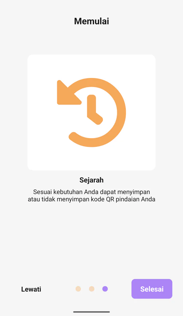 Tangkapan layar QR Code All In One di Android: Tinjau riwayat. Pengenalan riwayat pindai dan pembuatan.