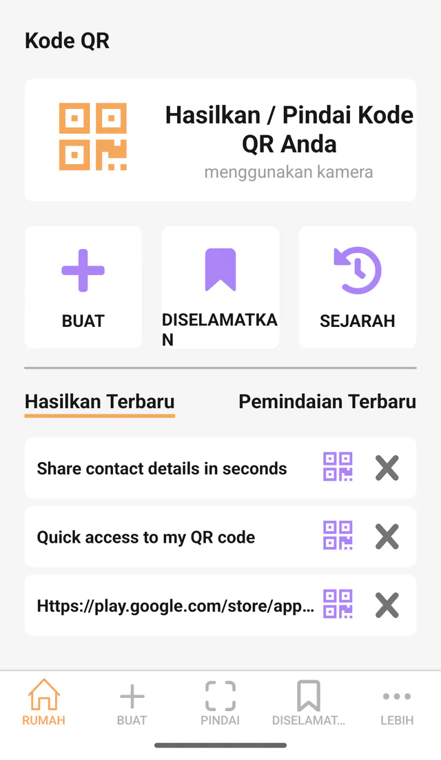 Tangkapan layar QR Code All In One di Android: Beranda. Dasbor utama untuk memindai, membuat, dan membuka alat.
