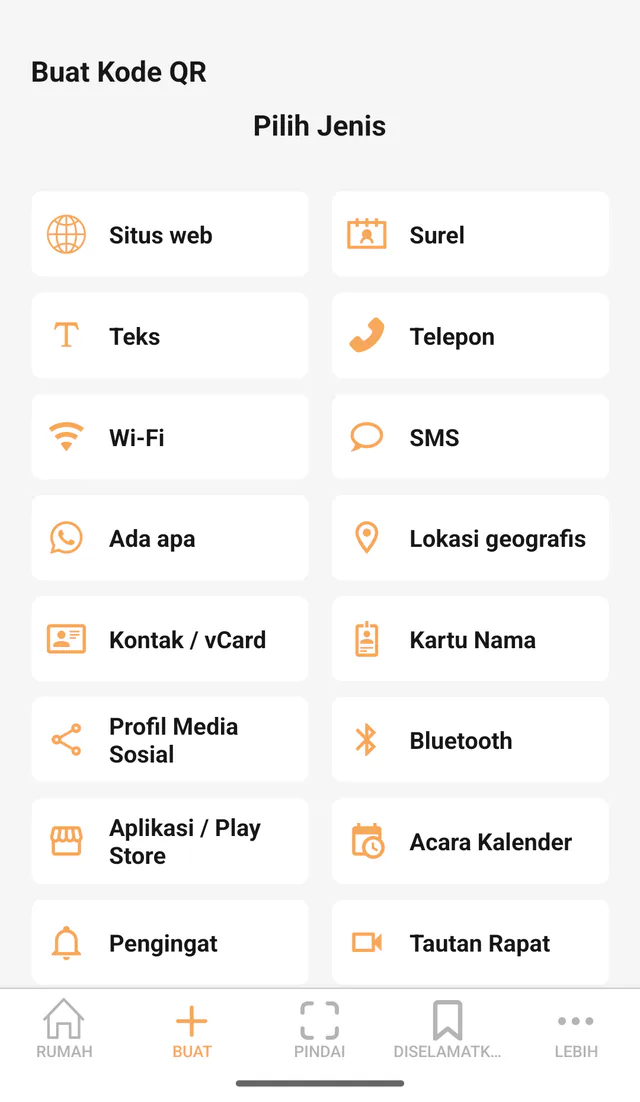 Tangkapan layar QR Code All In One di Android: Buat kode QR. Pilih format yang didukung dan masukkan informasi yang ingin dibagikan.