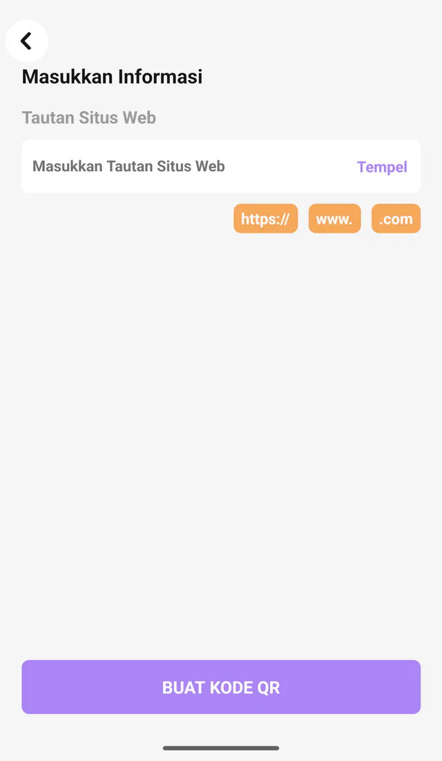 Tangkapan layar QR Code All In One di Android: Detail situs. Masukkan informasi situs sebelum membuat QR.