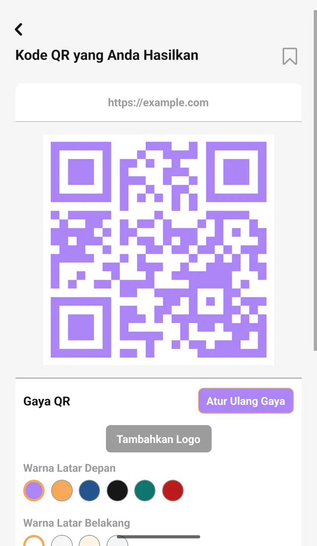 Tangkapan layar QR Code All In One di Android: Sesuaikan hasil. Atur warna, bentuk, ukuran, dan logo opsional sebelum mengekspor.