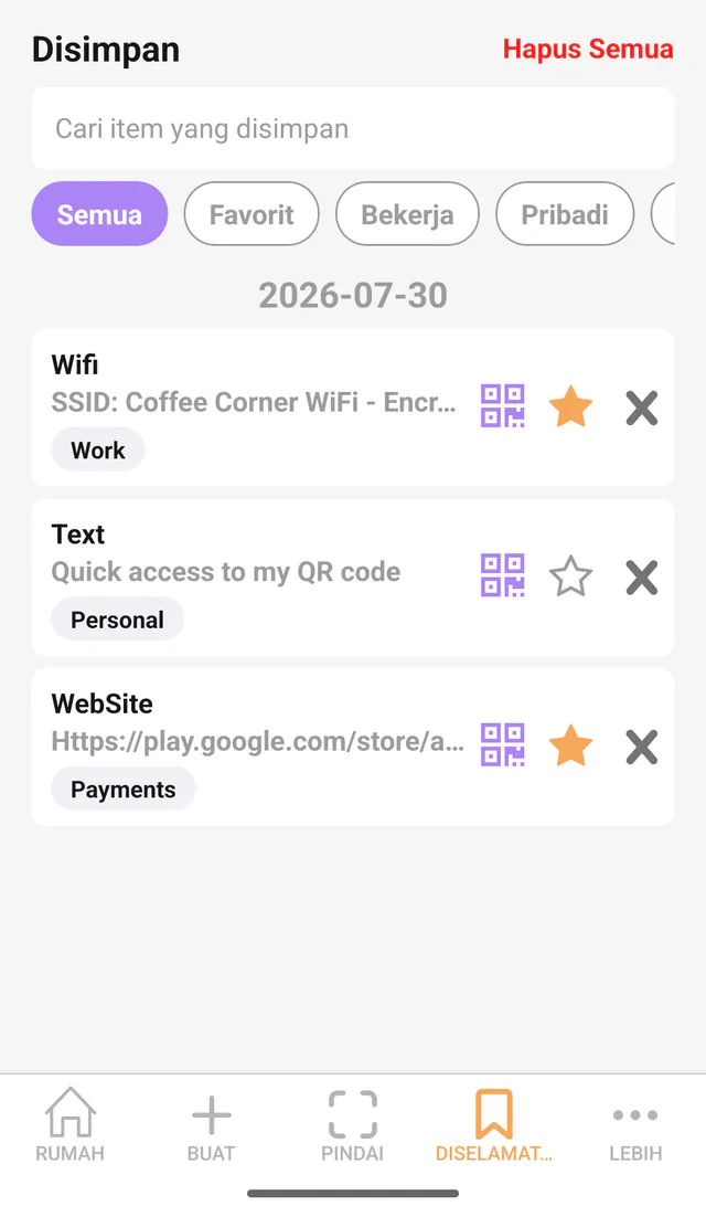 Tangkapan layar QR Code All In One di Android: Kode tersimpan. Item tersimpan dengan Favorit, tag, pencarian, dan filter.