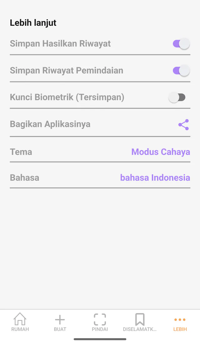 Tangkapan layar QR Code All In One di Android: Lainnya dan pengaturan. Pengaturan riwayat, biometrik, bahasa, dan tema.