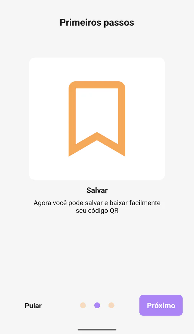 Captura do QR Code All In One para Android: Salvar códigos. Introdução aos códigos salvos e acesso rápido.