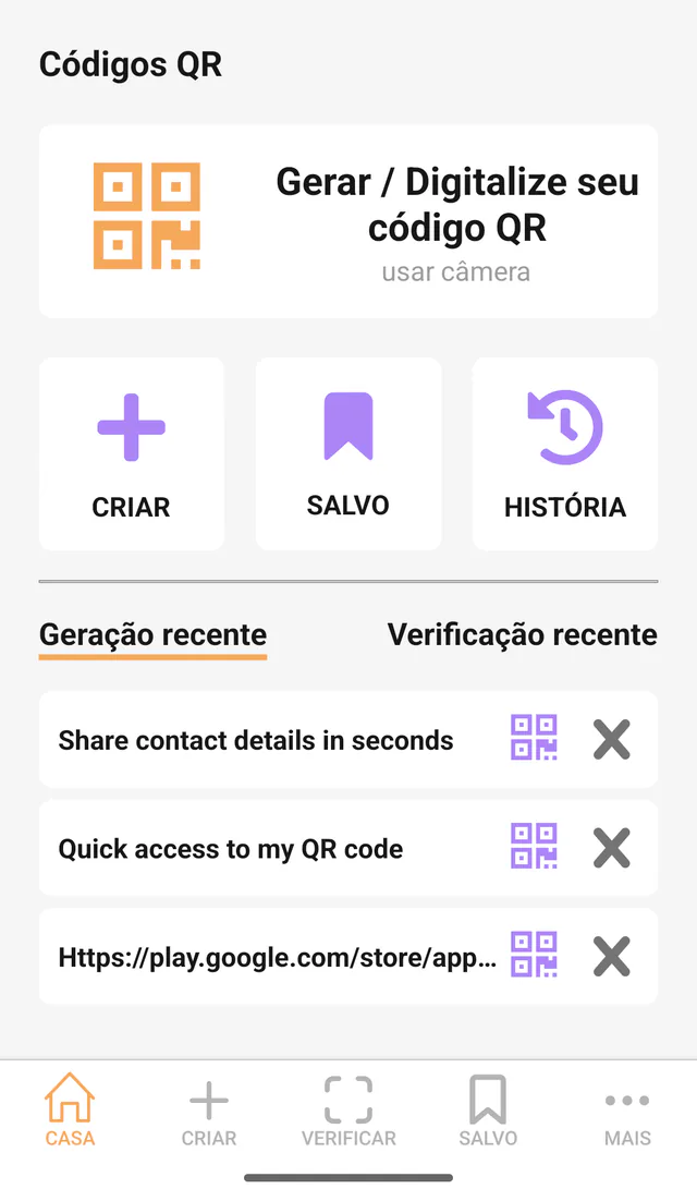Captura do QR Code All In One para Android: Início. Painel principal para ler, criar e abrir ferramentas.