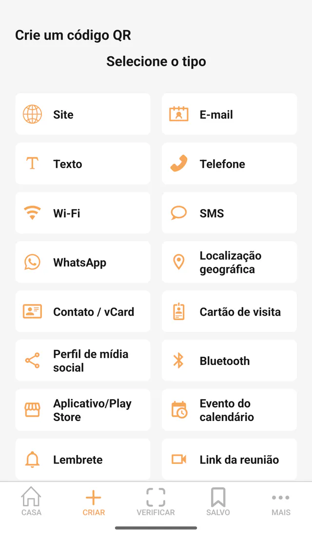 Captura do QR Code All In One para Android: Crie um QR. Escolha um formato compatível e informe o conteúdo que deseja compartilhar.