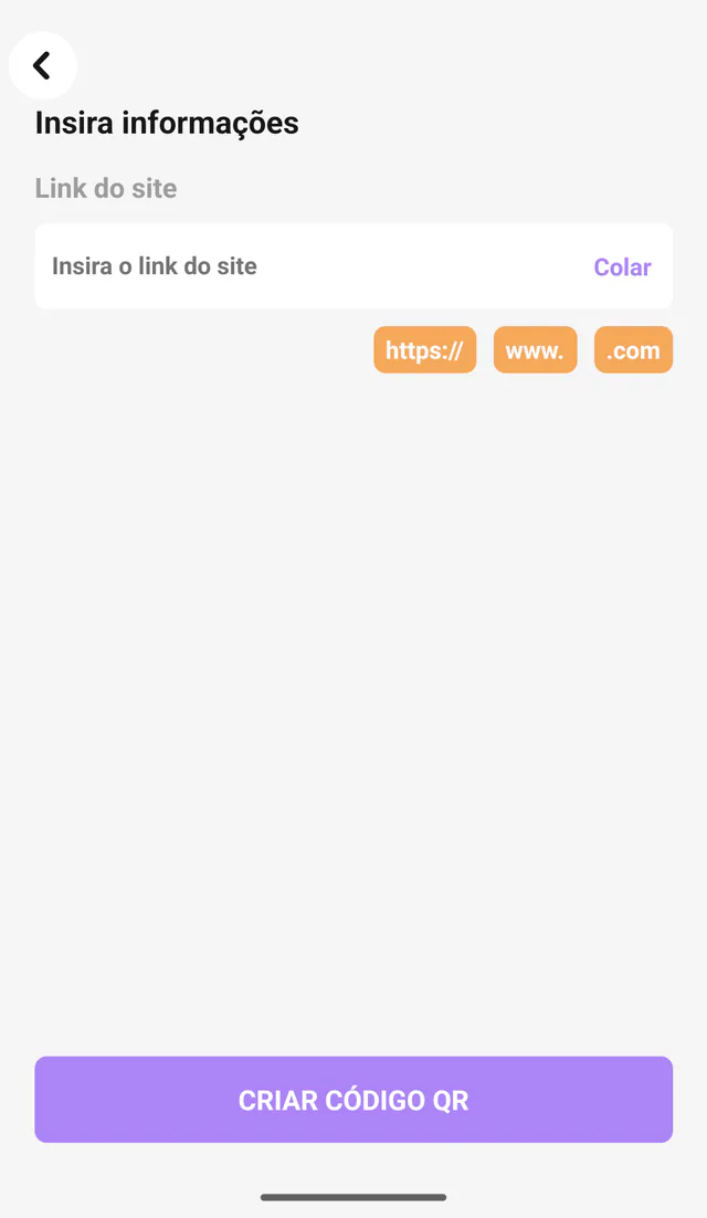Captura do QR Code All In One para Android: Dados do site. Informe o endereço antes de gerar o QR.