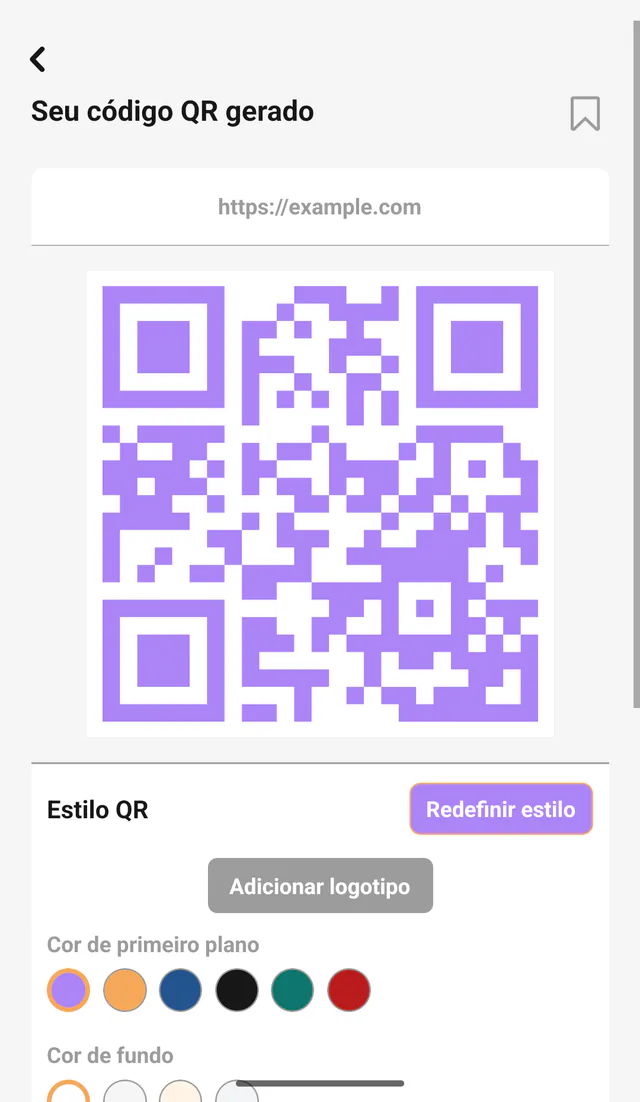 Captura do QR Code All In One para Android: Personalize o resultado. Ajuste cores, forma, tamanho e um logotipo opcional antes de exportar.