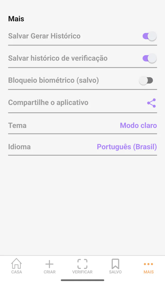 Captura do QR Code All In One para Android: Mais e ajustes. Preferências de histórico, biometria, idioma e tema.