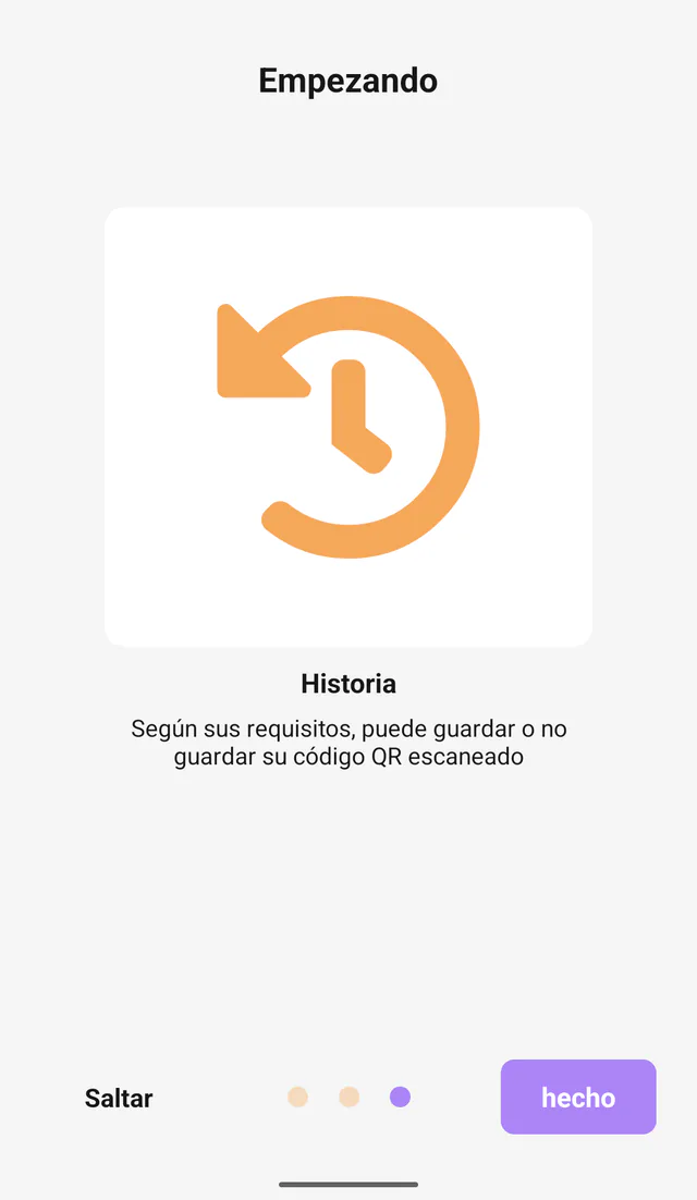 Captura de QR Code All In One para Android: Revisar historial. Introducción al historial de escaneo y creación.