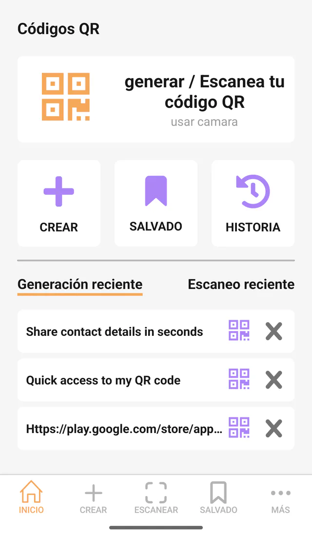 Captura de QR Code All In One para Android: Inicio. Panel principal para escanear, crear y abrir herramientas.