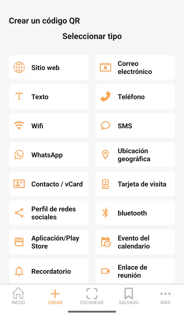 Captura de QR Code All In One para Android: Crea un código QR. Elige un formato compatible e introduce la información que quieres compartir.