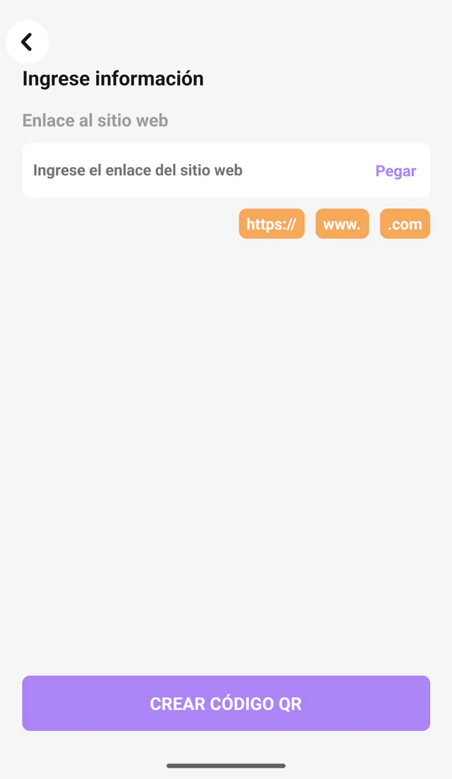 Captura de QR Code All In One para Android: Datos del sitio web. Introduce la web antes de generar el código QR.