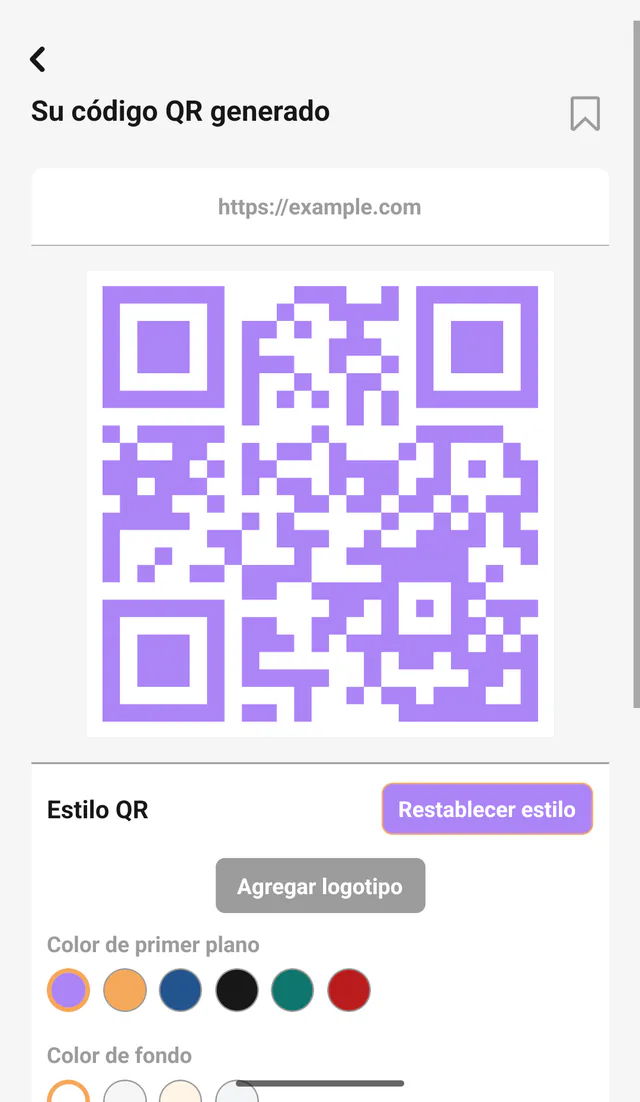 Captura de QR Code All In One para Android: Personaliza el resultado. Ajusta colores, forma, tamaño y un logotipo opcional antes de exportar.