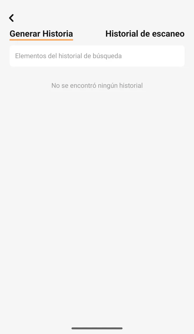 Captura de QR Code All In One para Android: Historial. Escaneos anteriores y códigos QR generados.
