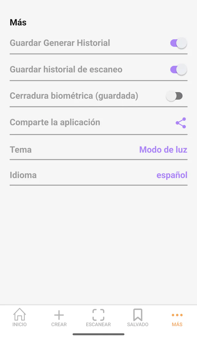 Captura de QR Code All In One para Android: Más y ajustes. Preferencias de historial, biometría, idioma y tema.