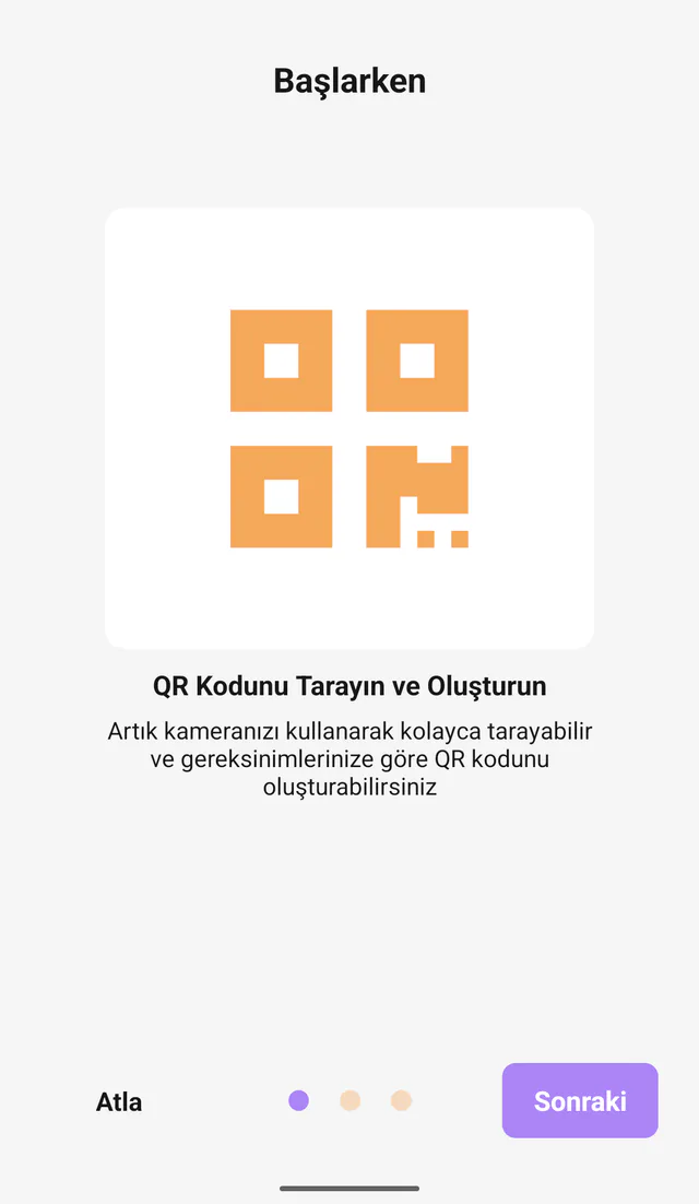 QR Code All In One Android ekran görüntüsü: Tara ve oluştur. Kod tarama ve QR oluşturma tanıtımı.