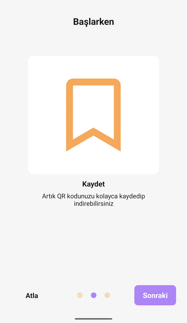 QR Code All In One Android ekran görüntüsü: Kodları kaydet. Kaydedilen kodlar ve hızlı erişim tanıtımı.