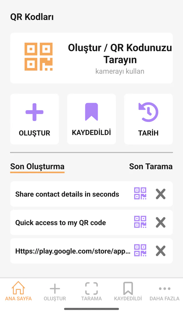QR Code All In One Android ekran görüntüsü: Ana ekran. Tarama, oluşturma ve araçlara erişim paneli.