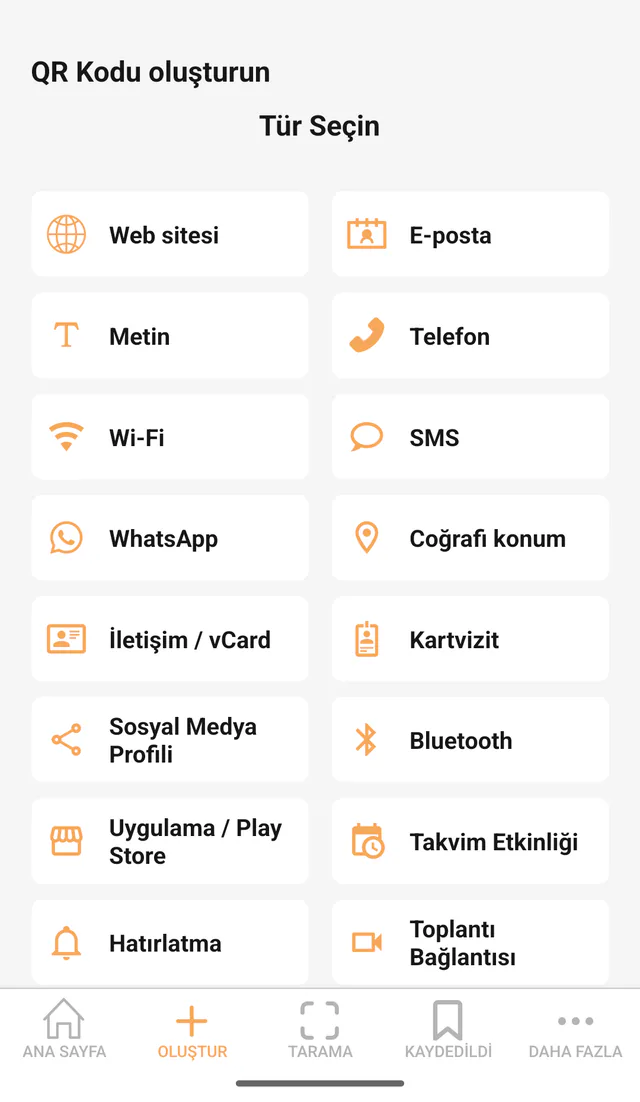QR Code All In One Android ekran görüntüsü: QR kod oluşturun. Desteklenen biçimi seçin ve paylaşacağınız bilgiyi girin.
