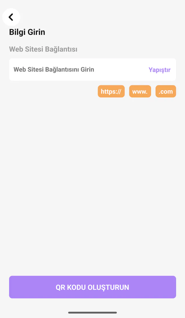 QR Code All In One Android ekran görüntüsü: Web sitesi ayrıntıları. QR oluşturmadan önce site bilgisini girin.