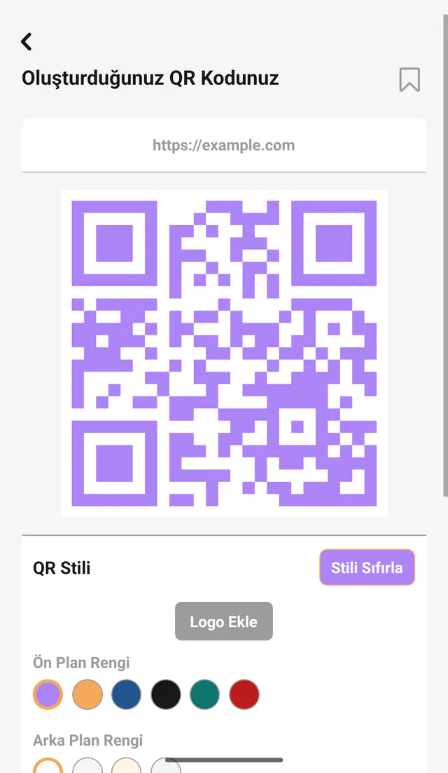 QR Code All In One Android ekran görüntüsü: Sonucu özelleştirin. Dışa aktarmadan önce renk, şekil, boyut ve isteğe bağlı logoyu ayarlayın.