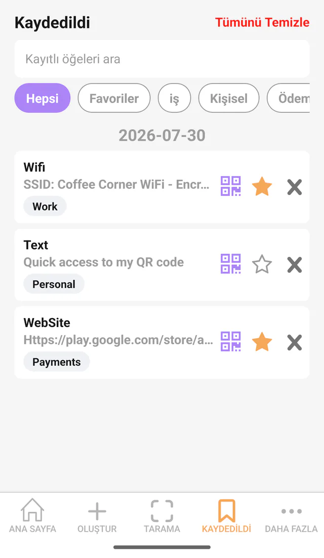 QR Code All In One Android ekran görüntüsü: Kaydedilen kodlar. Favoriler, etiketler, arama ve filtrelerle kayıtlar.