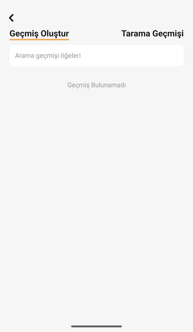 QR Code All In One Android ekran görüntüsü: Geçmiş. Önceki taramalar ve oluşturulan QR kodları.