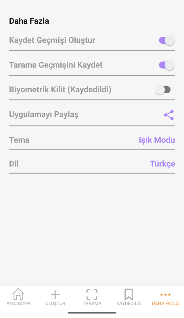 QR Code All In One Android ekran görüntüsü: Diğer ve ayarlar. Geçmiş, biyometri, dil ve tema tercihleri.